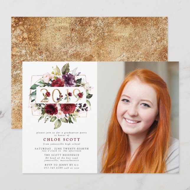 Invitation Classe de 2019 Red Purple Floral Photo Graduation (Devant / Derrière)