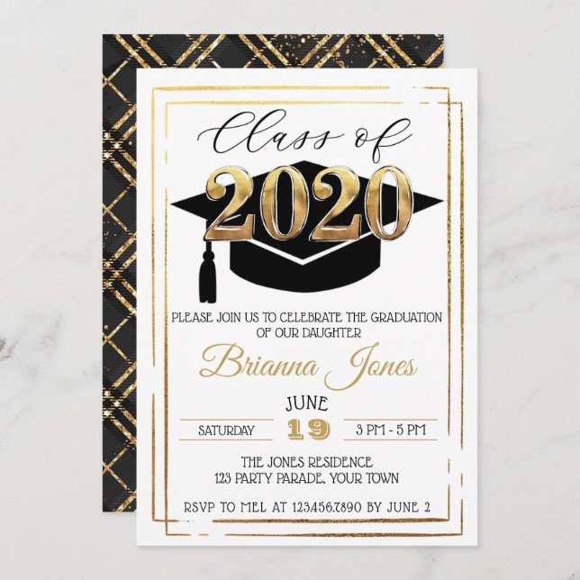 Invitation Classe de 2020 Noirs et médailles d'or (Devant / Derrière)