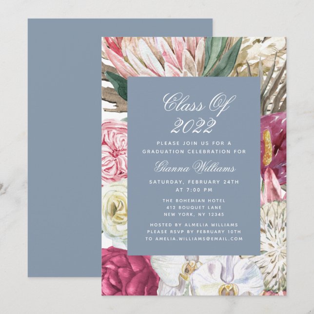 Invitation Classe de 2022 Aquarelle graduée Floral (Devant / Derrière)