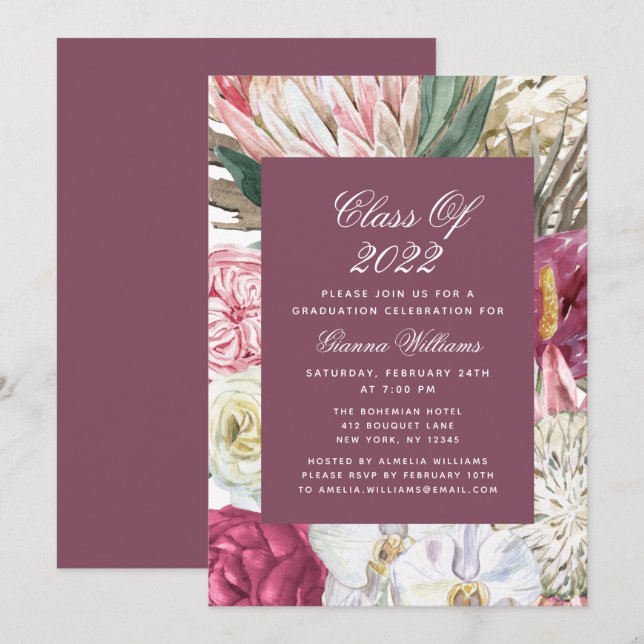 Invitation Classe de 2022 Aquarelle graduée Floral (Devant / Derrière)