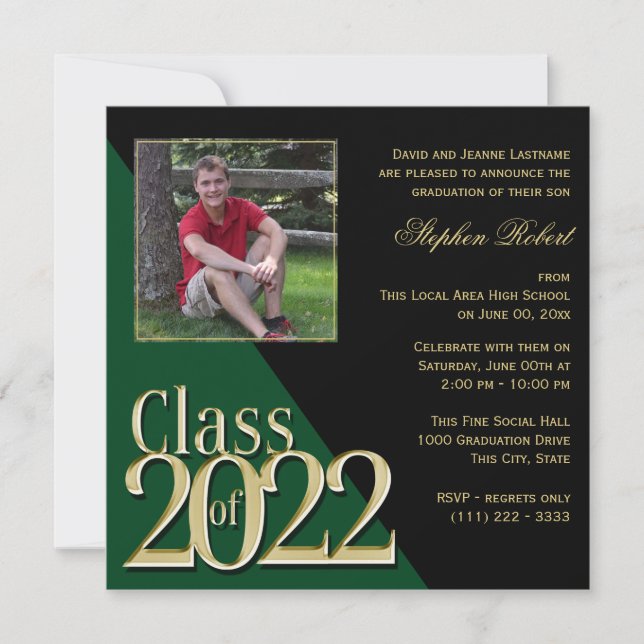 Invitation Classe de 2022 Gold Grad Green avec photo (Devant)