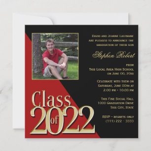 Invitation Classe de 2022 Gold Grad Rouge et Noir avec photo 
