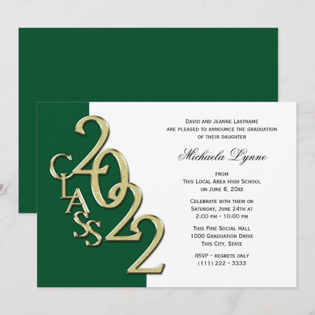 Invitation Classe de 2022 Grand Or et Vert (Devant / Derrière)