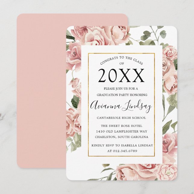 Invitation Classe de 2022 Pink Floral Graduation Plutôt Rusti (Devant / Derrière)