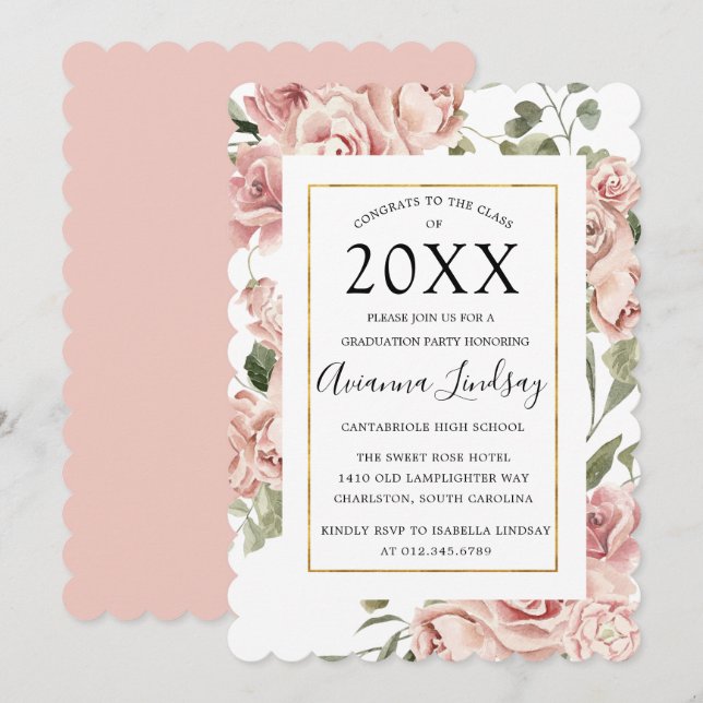 Invitation Classe de 2022 Rose Rose Floral Graduation (Devant / Derrière)