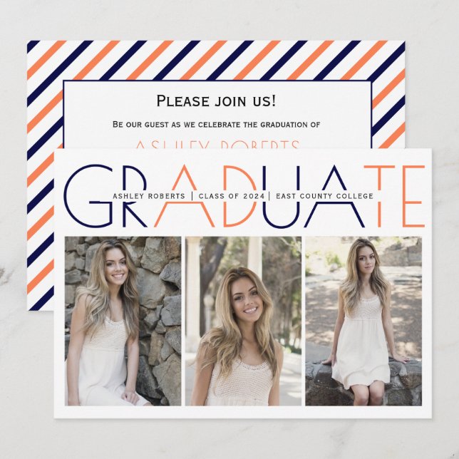 Invitation Classe de 2023 bleu marine, photo de graduation co (Devant / Derrière)