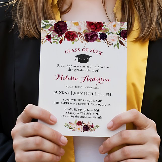 Invitation Classe de 2023 Burgundy Red Floral Graduation Part (Créateur téléchargé)