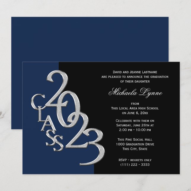 Invitation Classe de 2023 Grad Silver avec option de couleur (Devant / Derrière)