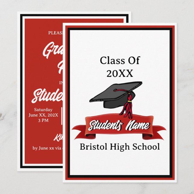 Invitation Classe de 2023 Red and Black Graduation Party (Devant / Derrière)