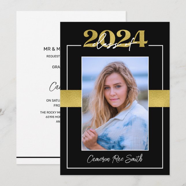 Invitation Classe de 2024 Black & Gold Graduation Party (Devant / Derrière)