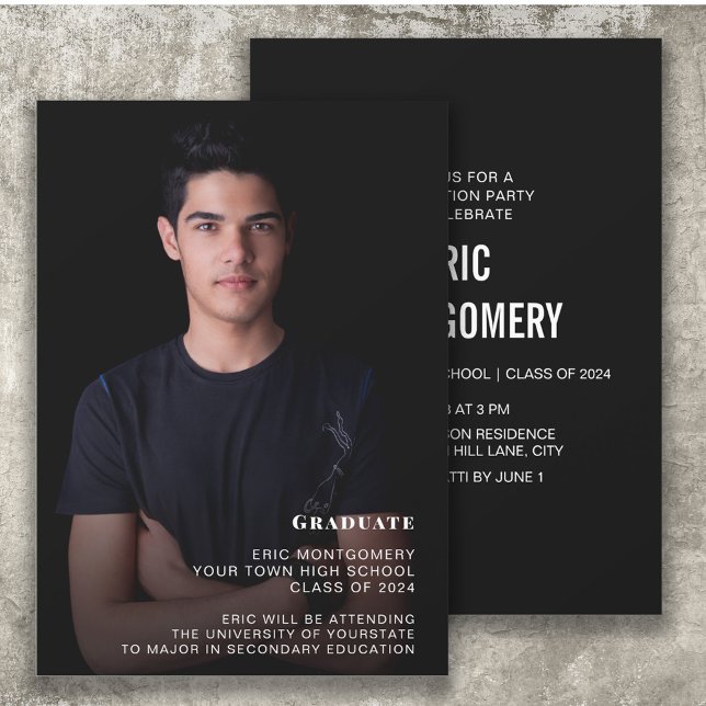 Invitation Classe de 2024 Boy's Graduation Party Photo (Black white photo graduation announcement/invitation for the class of 2024)