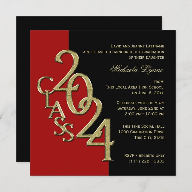 Invitation Classe de 2024 Elegant Gold et Red (Devant / Derrière)