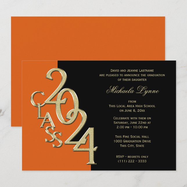 Invitation Classe de 2024 Grad Gold avec option Couleur (Devant / Derrière)