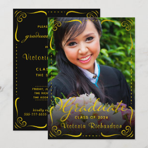 Invitation Classe de 2024 Graduate Photo Black Gold Graduatio