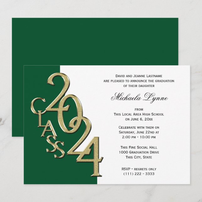 Invitation Classe de 2024 Grand Or et Vert (Devant / Derrière)