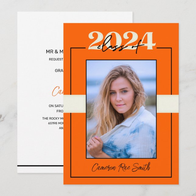 Invitation Classe de 2024 Orange & Black Graduation Party (Devant / Derrière)