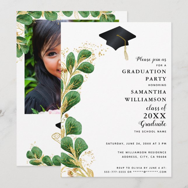 Invitation Classe de 2025 Elégant Green Photo Graduation (Devant / Derrière)