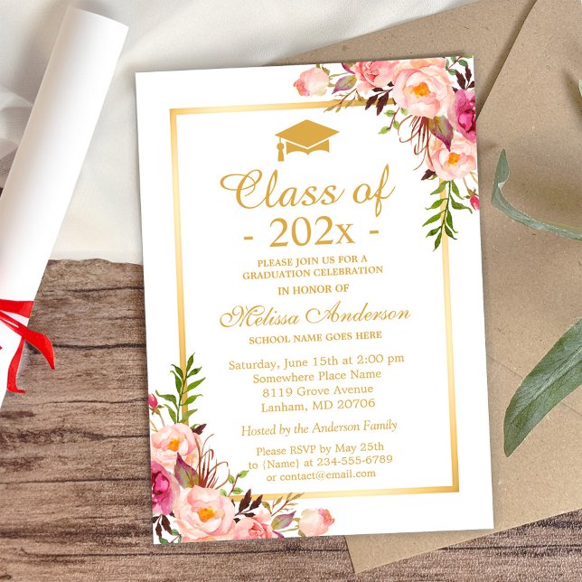 Invitation Classe de 2025 Graduation Elegant Chic Floral Gold (Créateur téléchargé)