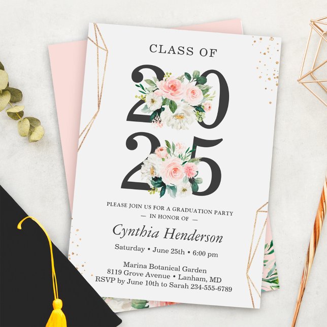 Invitation Classe de 2025 Moderne Blush Floral Graduation (Créateur téléchargé)