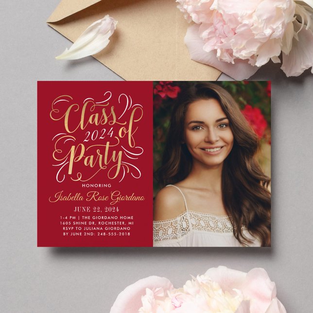 Invitation Classe de 2025 Red Gold Graduation Party Photo (Créateur téléchargé)