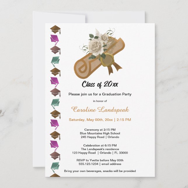 Invitation Classe de 2025 White Roses & Gold Foil (Devant)