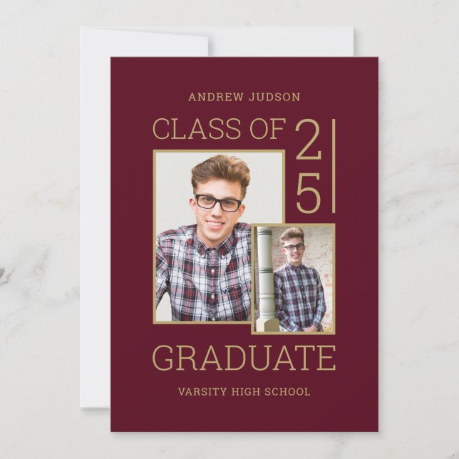 Invitation Classe De 24 Photo & Bio Burgundy Gold Open House (Devant)