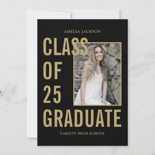 Invitation Classe De 25 Black & Gold 4 Photos Graduation Part (Devant)