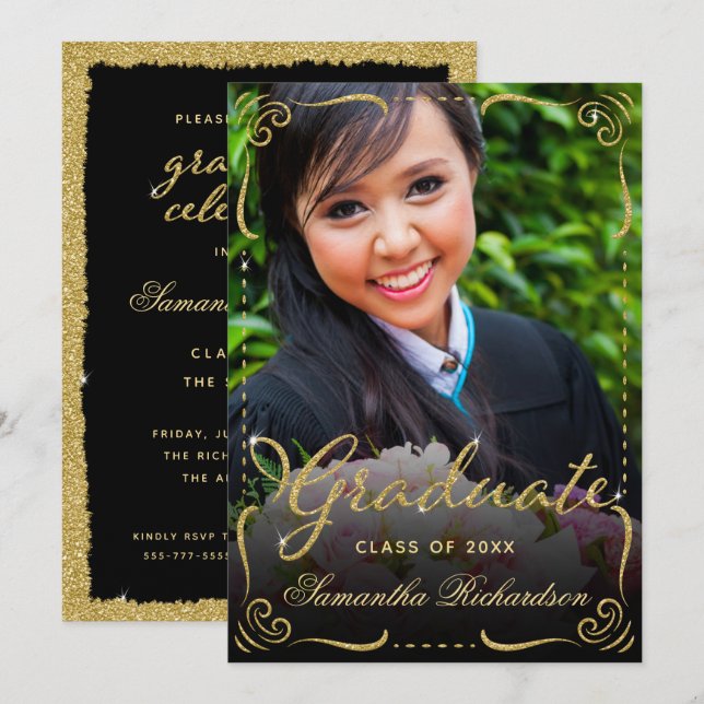 Invitation Classe de graduation de 2024 Photo Black Gold (Devant / Derrière)