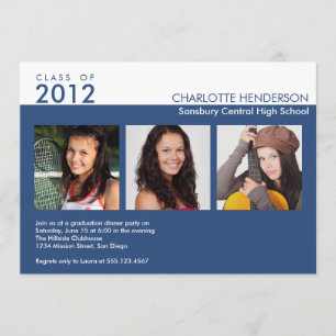 Invitation Classe de graduation en bleu photo 3 personnalisée