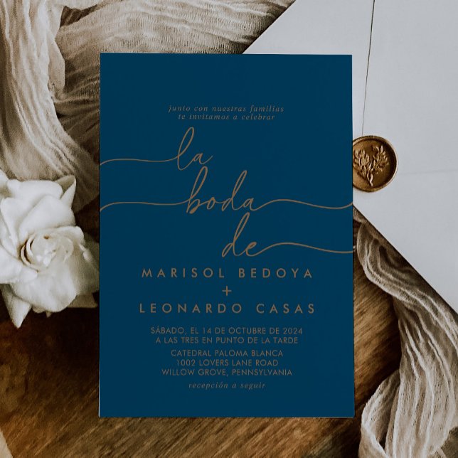 Invitation Classe d'or bleu marine La Boda de Mariage (Créateur téléchargé)