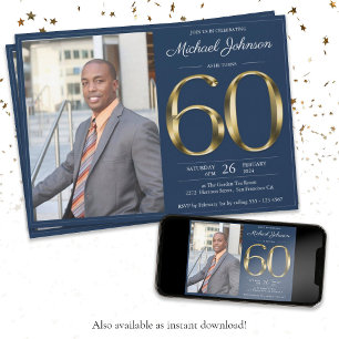 Invitation Classe d'or bleu marine photo 60e anniversaire fêt