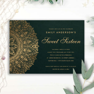 INVITATION CLASSE D'OR VERT ORNATE MANDALA SWEET 16 ANNIVERSA