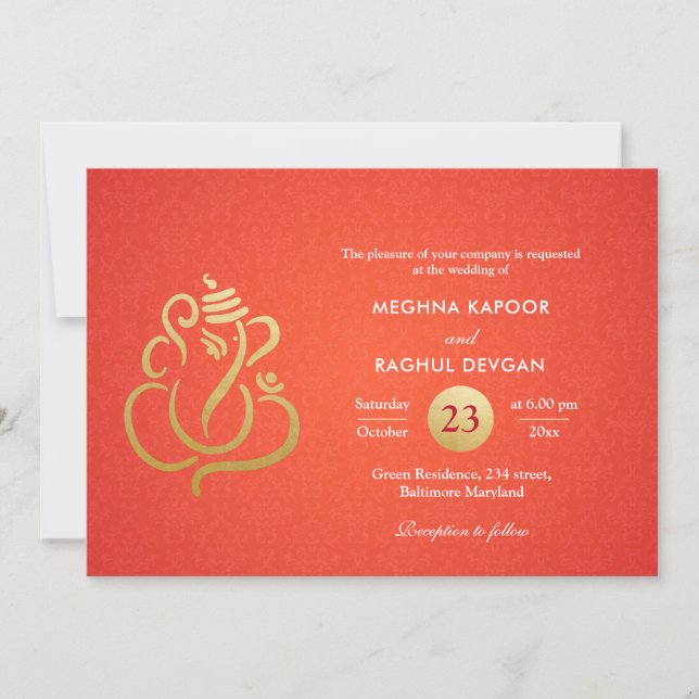 Invitation Classé Faux Gold Foil Ganesha Indian Red Damask (Devant)