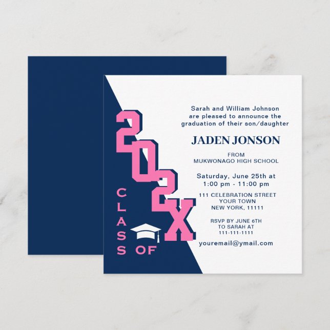 Invitation Classe moderne de 2023 Fête de fin d'études Rose N (Devant / Derrière)