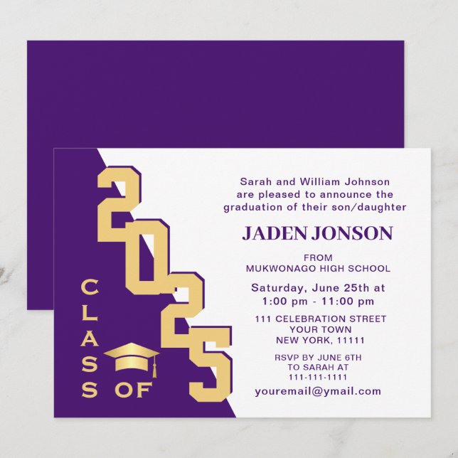 Invitation Classe moderne de 2024 Gold Purple Graduation Part (Devant / Derrière)