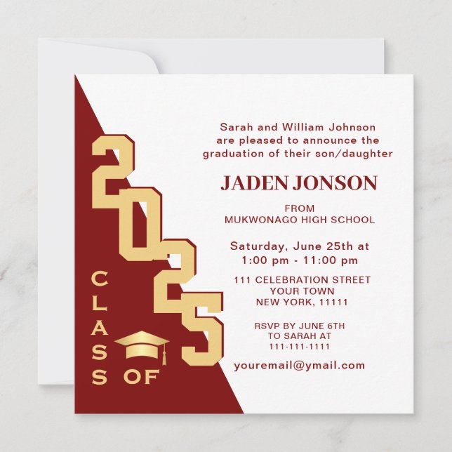 Invitation Classe moderne de 2025 Golden Red Graduation Party (Devant)