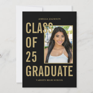 Invitation Classe Moderne De 25 Black & Gold Graduation Party