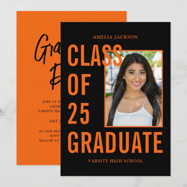 Invitation Classe Moderne De 25 Black & Orange Graduation Par (Devant / Derrière)