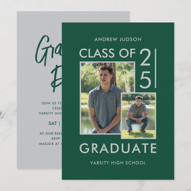 Invitation Classe Moderne De 25 Green Silver 2 Photo Grad Par (Devant / Derrière)