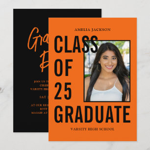 Invitation Classe Moderne De 25 Orange & Black Graduation Par
