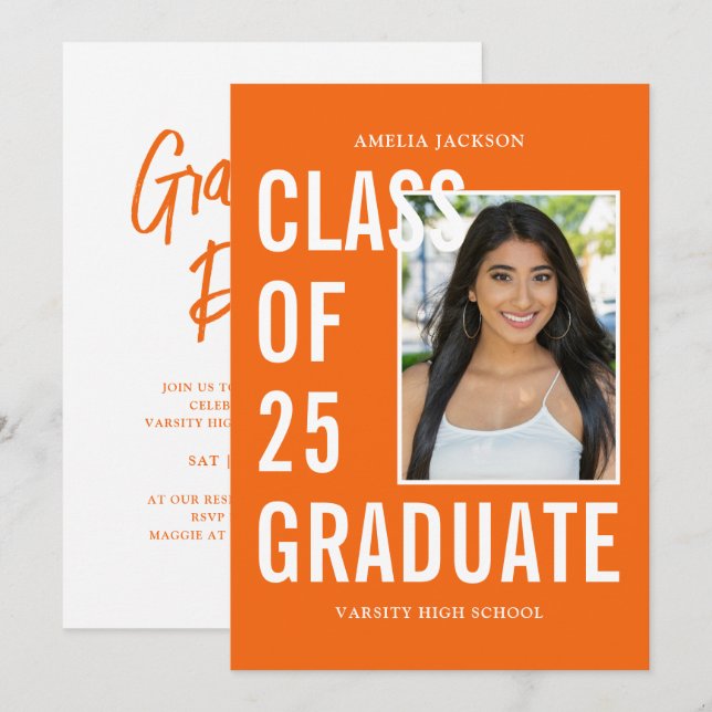 Invitation Classe Moderne De 25 Orange Graduation Party (Devant / Derrière)
