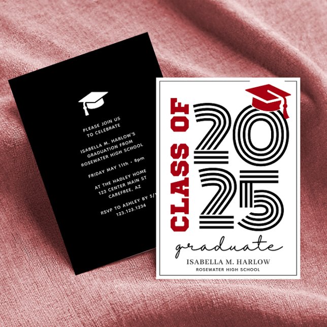 Invitation Classe moderne rétro de 2025 Rouge et noir Grad (Créateur téléchargé)