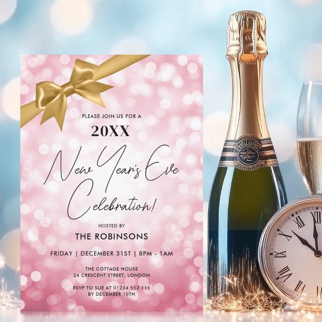 Invitation Classé New Years Eve Party Blush Bokeh Gold Bow (Classy New Years Eve Party Blush Bokeh Gold Bow Invitation)