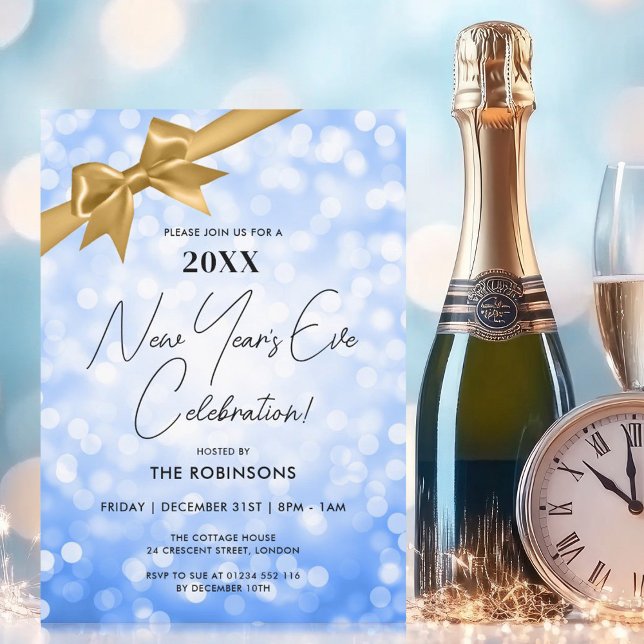 Invitation Classé New Years Eve Party Navy Bokeh Gold Bow (Classy New Years Eve Party Navy Bokeh Gold Bow Invitation)