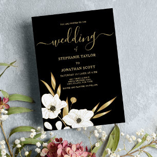 Invitation Classé noir blanc or floral élégant mariage