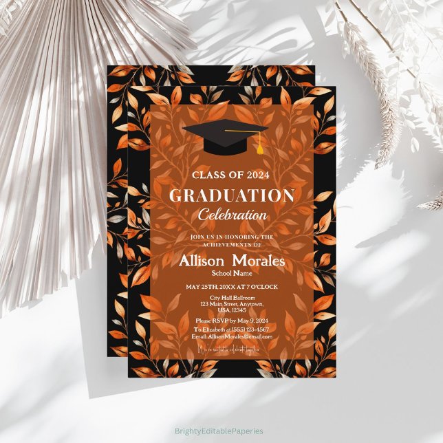 Invitation Classe Noire de 2024 Graduation Terracotta Feuille (Créateur téléchargé)