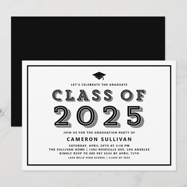 Invitation Classe noire de 2025 Casquette Rétro Graduation (Devant / Derrière)