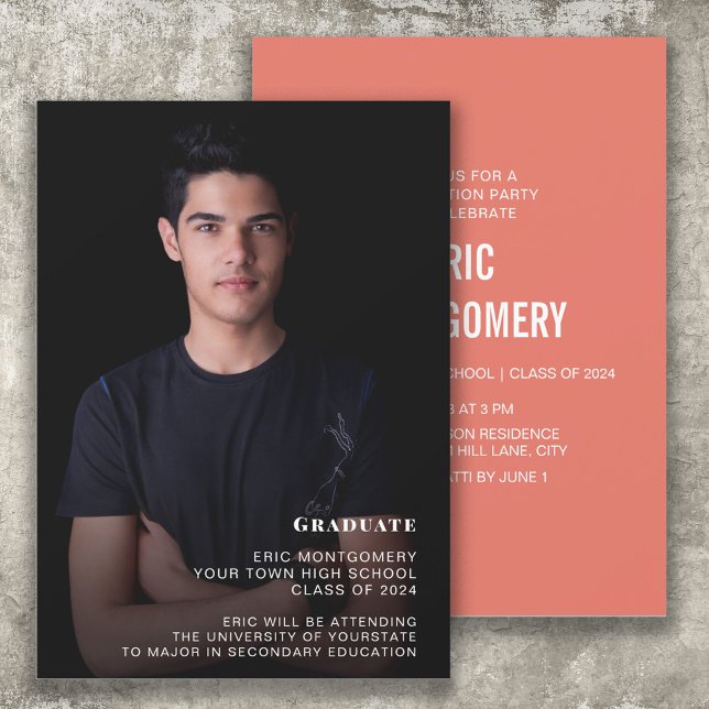 Invitation Classe Orange de 2024 Boy's Graduation Party Photo (Orange and white graduation photo announcement/invitation for the class of 2024 or any year.)