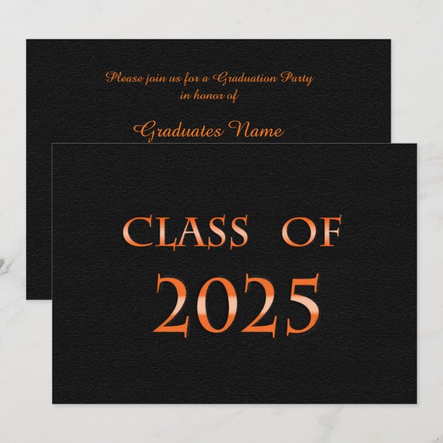 Invitation Classe Orange et Noir de 2025 Graduation Party (Devant / Derrière)