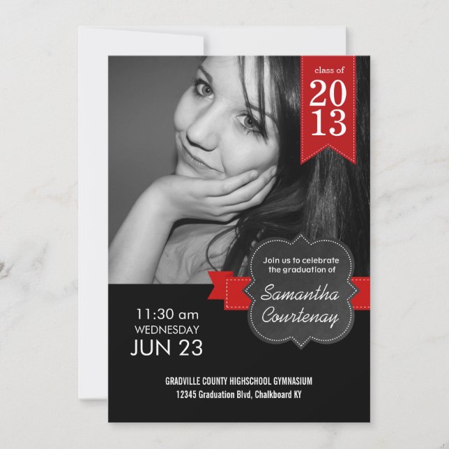 Invitation Classe Red Ribbon Chalkboard 2013 Big Photo Grad (Devant)